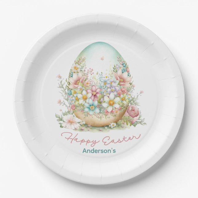 Happy Easter Floral Easter Egg Personalized Name Paper Plate (Front)