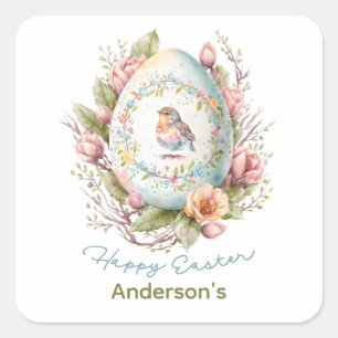 Happy Easter Floral Easter Egg Personalized Square Square Sticker