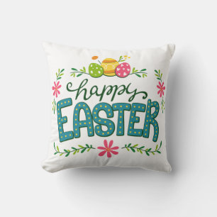 Happy Easter Floral Flowers Easter Eggs Throw Pillow