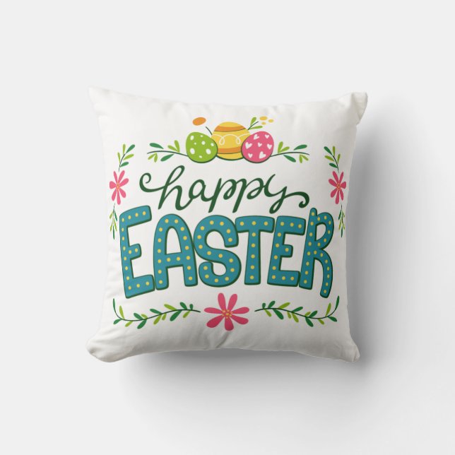 Happy Easter Floral Flowers Easter Eggs Throw Pillow (Front)