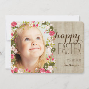 Happy Easter Floral   Linen Photo Greeting Card