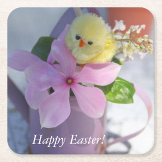 Happy Easter Floral Spring Chicken Square Paper Coaster