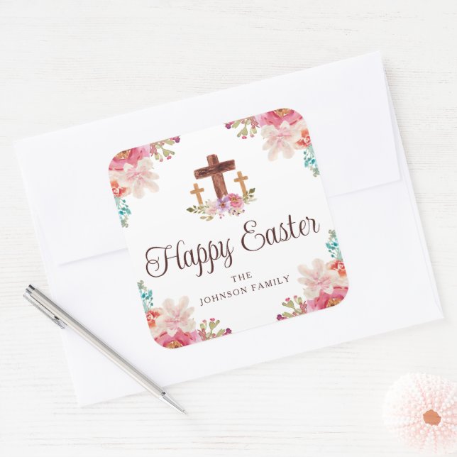 Happy Easter Floral Watercolor Religious Cross  Square Sticker (Envelope)