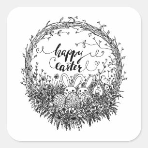 Happy Easter Floral Wreath Art Square Sticker