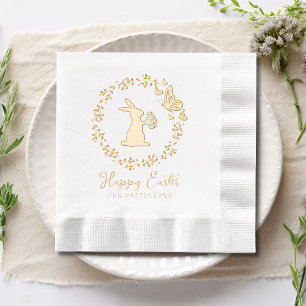 Happy Easter Floral Wreath Bunny Butterflies Name Foil Napkins