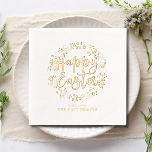 Happy Easter Floral Wreath Personalized Name Foil Napkins