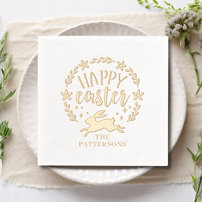Happy Easter Floral Wreath Personalized Name Foil Napkins (Creator Uploaded)