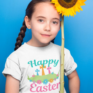 Happy Easter Flowers Christian Cross Cute Kids T-Shirt