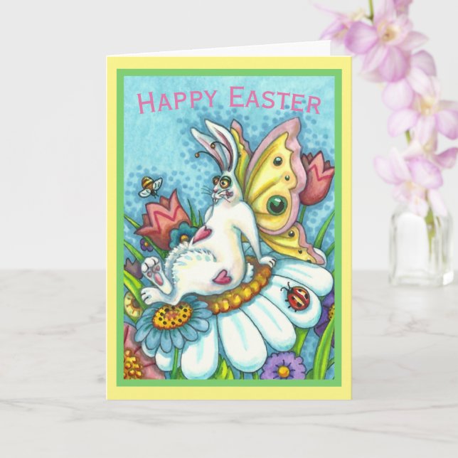 HAPPY EASTER FLUTTERBUN RABBIT, FUNNY BUNNY Blank Card (Orchid)