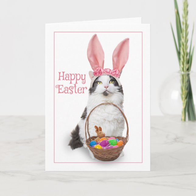 Happy Easter For Anyone Cat in Bunny Ears Holiday Card (Front)