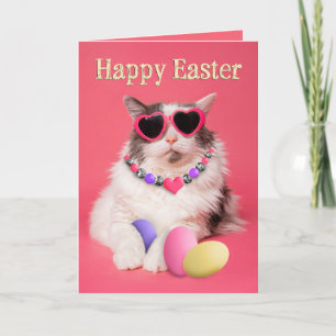 Happy Easter For Anyone Glamourous Cat With Eggs  Holiday Card