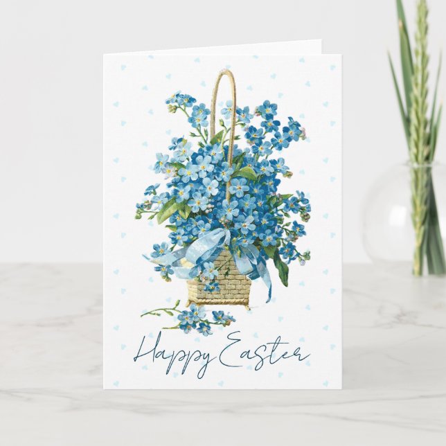 Happy Easter Forget Me Not Blue Flower Basket Holiday Card (Front)