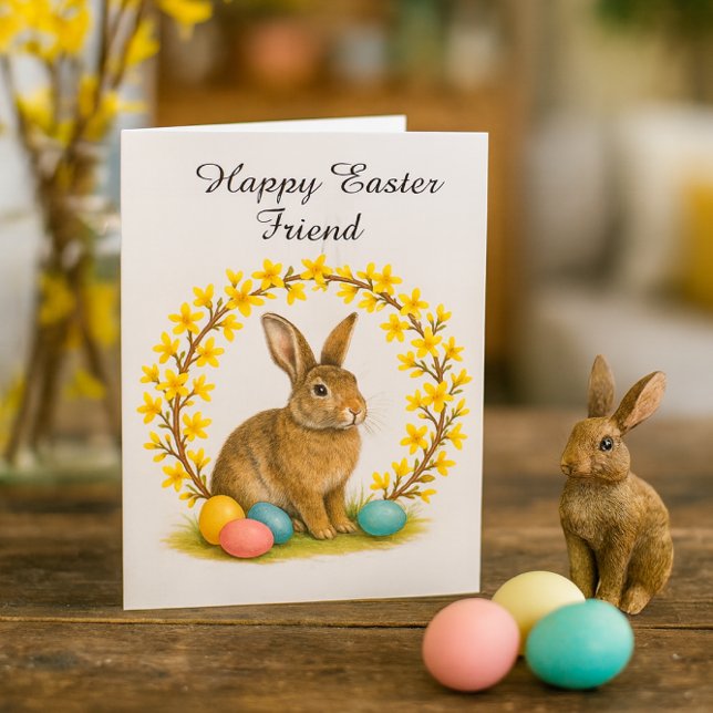 Happy Easter Friend Folded Greeting Card (Rustic Easter card scene with bunny figurine, pastel eggs, and forsythia on warm pine table.)