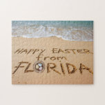 Happy Easter from Florida Written in the Sand Jigsaw Puzzle<br><div class="desc">Happy Easter Florida Style! The design on this tropical-themed jigsaw puzzle features a joyful "Happy Easter from Florida" message written in the sand on a sunny beach with the calm turquoise ocean in the background. The puzzle is available in various sizes. It's the perfect low-cost gift option for kids, grandkids,...</div>