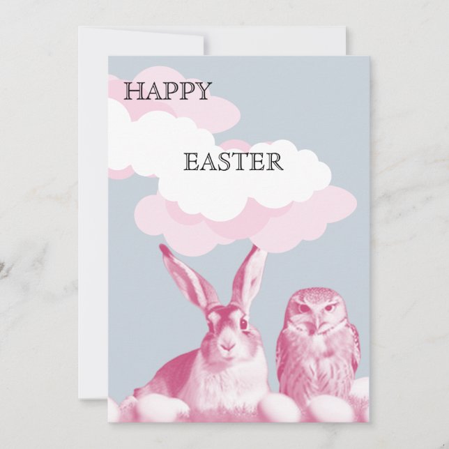 Happy Easter From the Easter Bunny and Easter Owl  Holiday Card (Front)