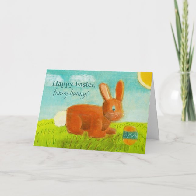 Happy Easter Funny Bunny Egg Meadow Spring Flower Holiday Card (Front)
