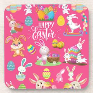 Happy Easter ,Funny Bunny Wishes And Colorful Eggs Coaster