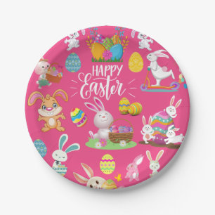 Happy Easter ,Funny Bunny Wishes And Colorful Eggs Paper Plate