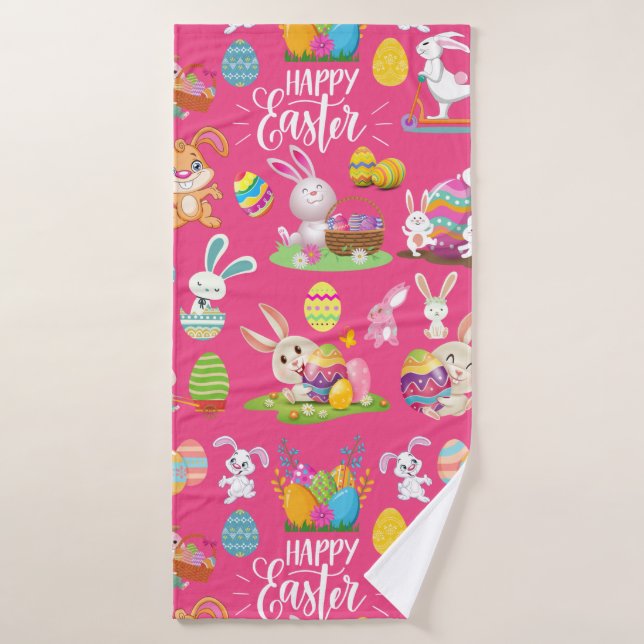 Happy Easter ,Funny Bunny Wishes And Colourful     Bath Towel (Bath Towel)