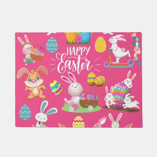 Happy Easter ,Funny Bunny Wishes And Colourful Egg Doormat (Front)