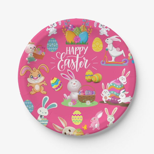 Happy Easter ,Funny Bunny Wishes And Colourful Egg Paper Plate (Front)