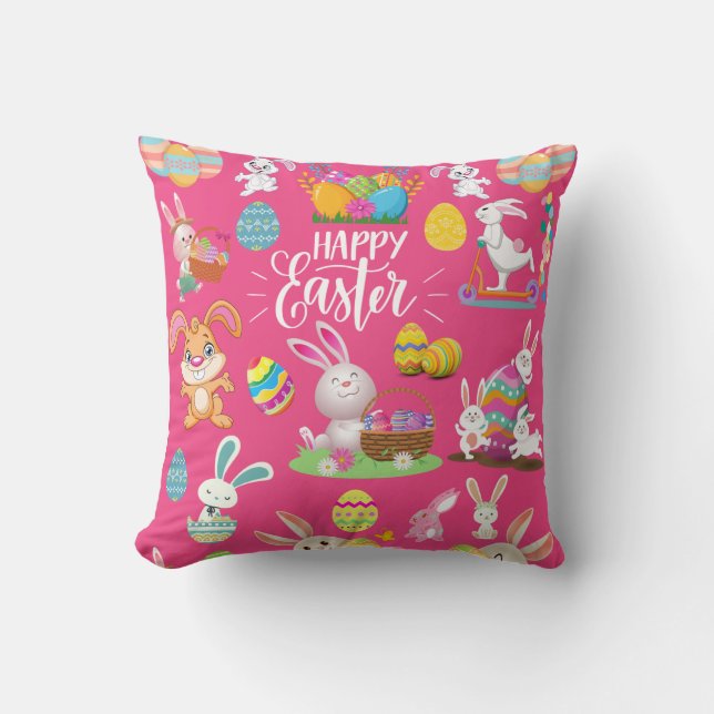Happy Easter ,Funny Bunny Wishes And Colourful Egg Throw Pillow (Front)