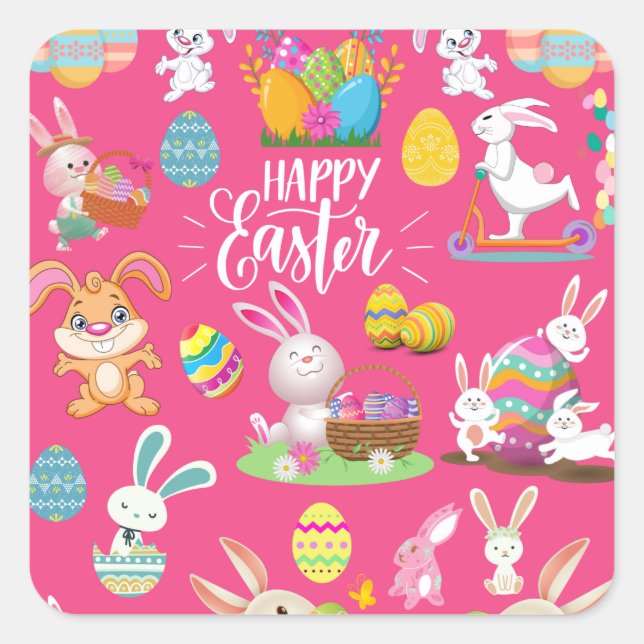 Happy Easter ,Funny Bunny Wishes And Colourful   Square Sticker (Front)