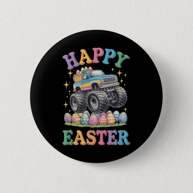 Happy Easter Funny Monster Truck Crush Eggs 2 Inch Round Button (Front)