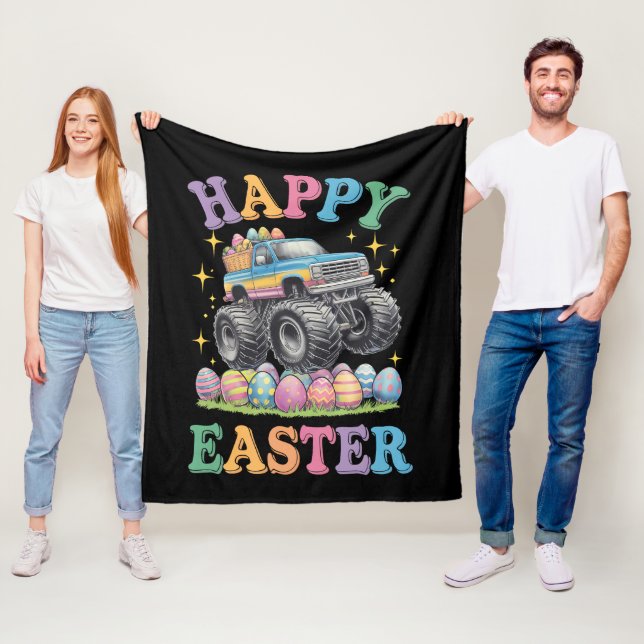 Happy Easter Funny Monster Truck Crush Eggs Fleece Blanket (In Situ)