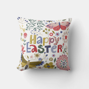 Happy Easter Garden Delight Floral Butterfly Throw Pillow