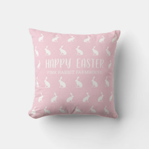 Happy Easter. Girly Pink Rabbit Farmhouse Pattern. Throw Pillow