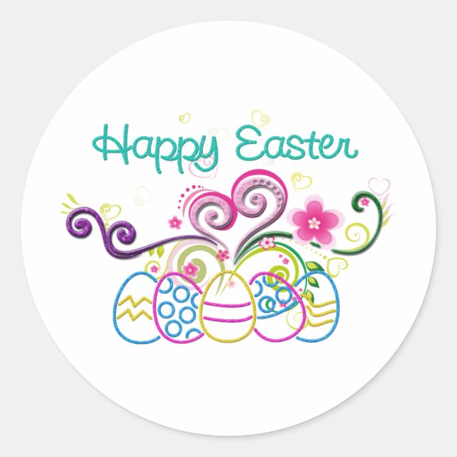 Happy Easter Glitter Eggs & Floral Classic Round Sticker (Front)
