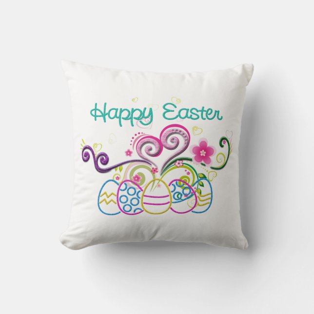 Happy Easter Glitter Eggs & Floral Throw Pillow (Front)