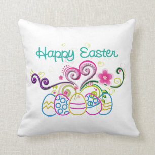 Happy Easter Glitter Eggs & Floral Throw Pillow
