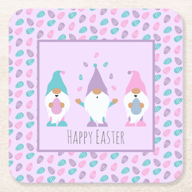 Happy Easter Gnome Juggling Easter Eggs Square Paper Coaster (Front)