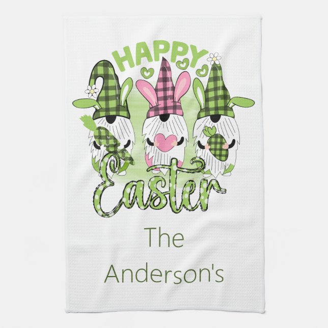 Happy Easter Gnomes with Bunny Ears Pink Green  Kitchen Towel (Vertical)