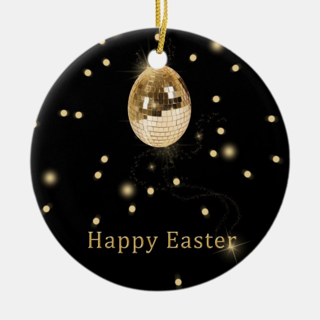 Happy Easter Gold Disco Ball Ceramic Ornament (Front)