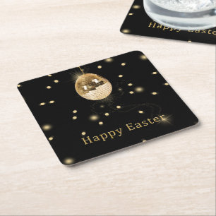 Happy Easter Gold Disco Ball Square Paper Coaster