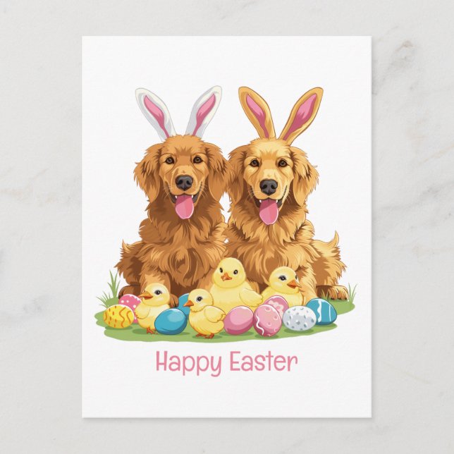 Happy Easter Golden Retriever Dogs Bunny Ears Postcard (Front)