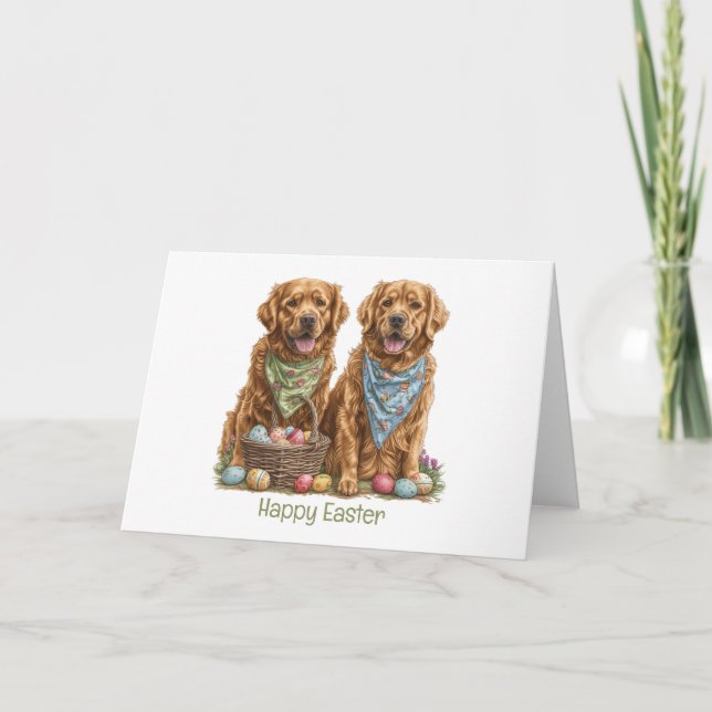 Happy Easter Golden Retriever Dogs Easter Basket Holiday Card (Front)
