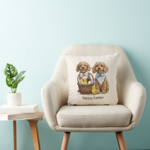 Happy Easter Goldendoodle Dogs Easter Basket Throw Pillow