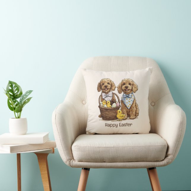 Happy Easter Goldendoodle Dogs Easter Basket Throw Pillow (Chair)