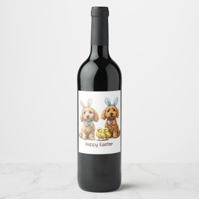 Happy Easter Goldendoodle Dogs Wine Label (Front)