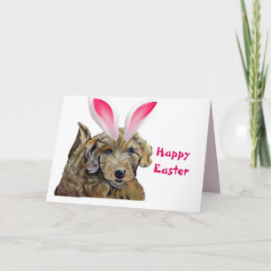 Happy Easter Goldendoodle Furry Pink Bunny Ears Card