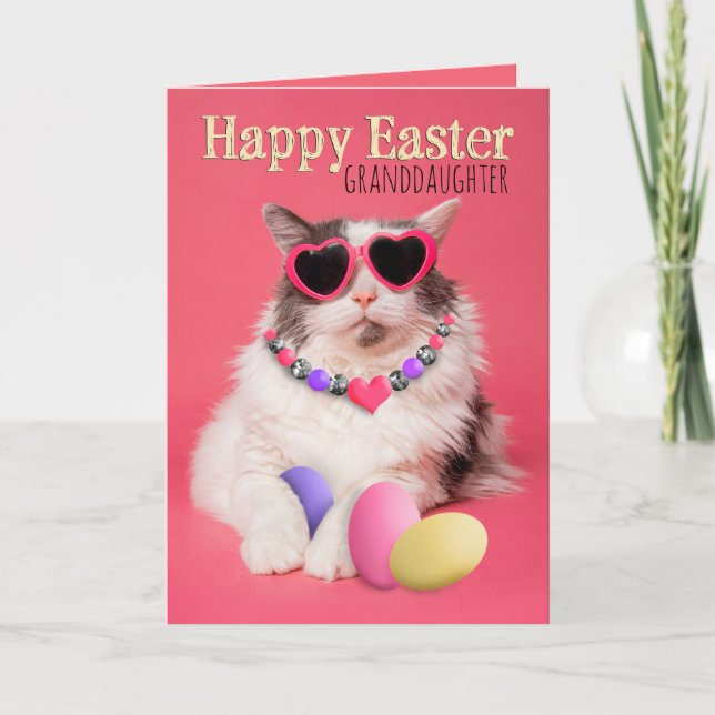 Happy Easter Granddaughter Glamourous Cat With Egg Holiday Card (Front)