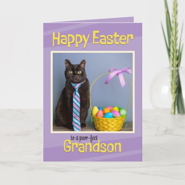 Happy Easter Grandson Cute Cat in Tie  Holiday Card (Front)