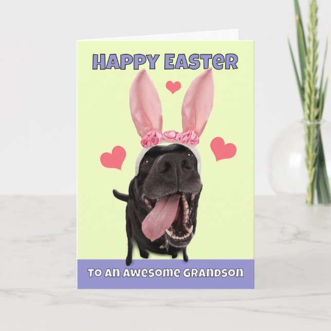 Happy Easter Grandson Dog in Bunny Ears Humour Holiday Card (Front)