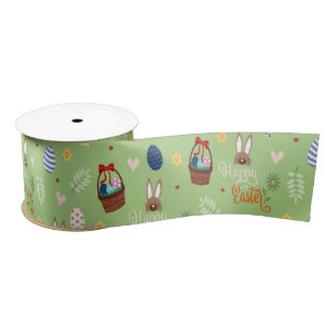 Happy Easter green pattern Satin Ribbon