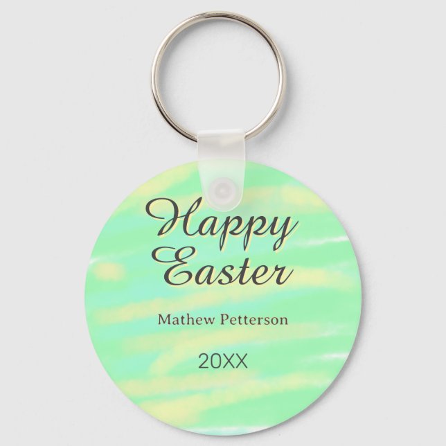 Happy Easter green yellow pastel gray name year  Keychain (Front)
