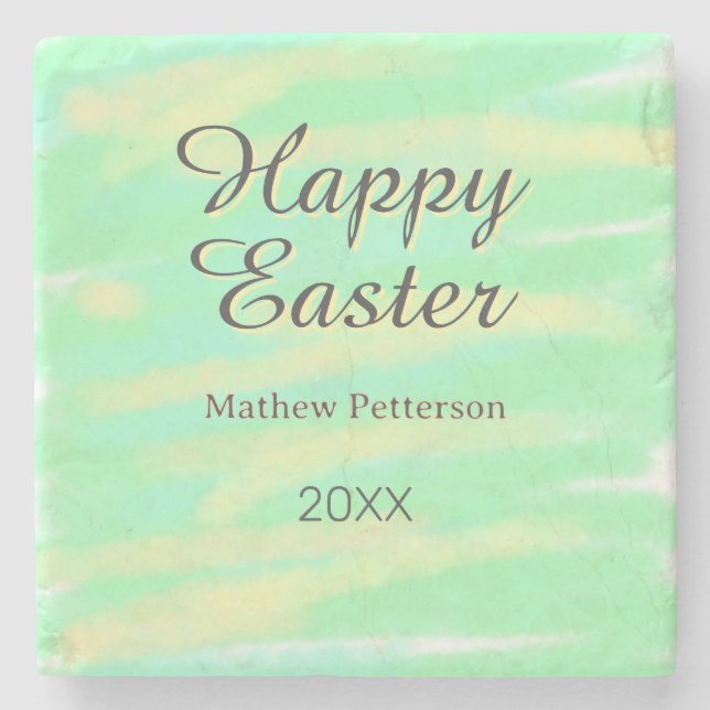 Happy Easter green yellow pastel gray name year  Stone Coaster (Front)